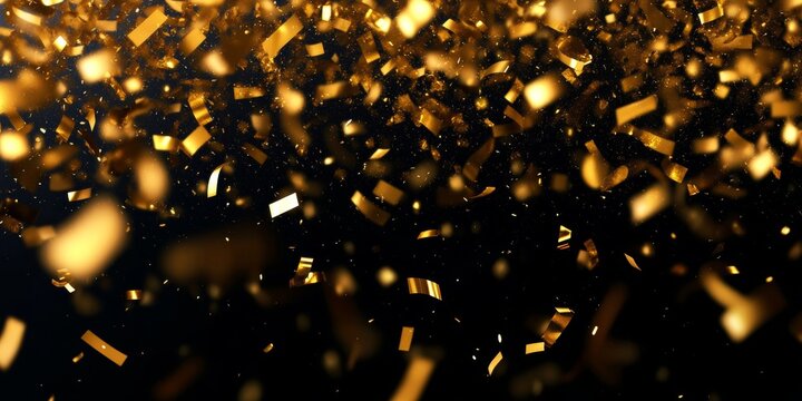Elegant golden confetti falling on glossy black background for luxurious party celebrations.