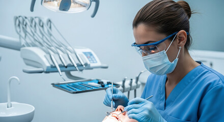 A dentist in blue scrubs examining a patient with dental tools in a bright dental office setting