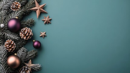 Elegant turquoise Christmas banner with lush evergreen branch, copper stars, and festive gold balls