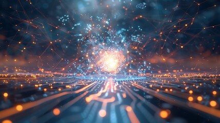 Exploding quantum chip emitting digital particles across a glowing circuit web, floating in a tech atmosphere .