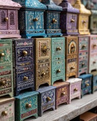 Rows of small, intricately painted wooden chests