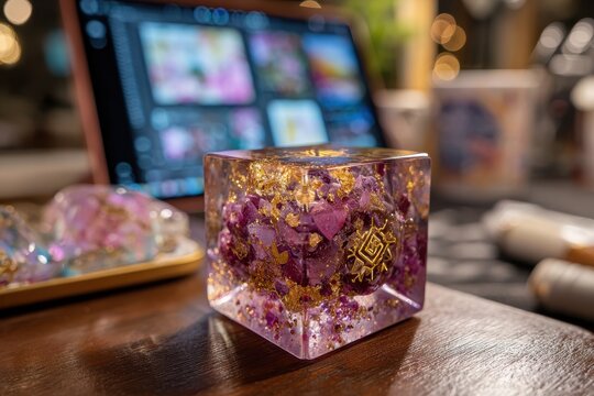 Orgone energy resin cube with purple amethyst crystals and glittering gold flakes.