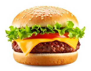 Classic American cheeseburger with a juicy beef patty, melted cheddar cheese, and fresh lettuce on a sesame seed bun, isolated on a white background.