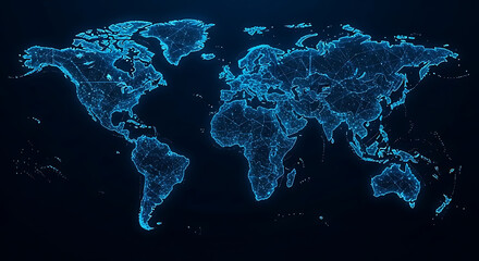 Glowing blue world map with digital network visualization showing global connections, data nodes, and technology communication pathways
