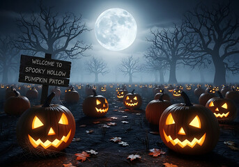 Spooky hollow pumpkin patch at night with full moon