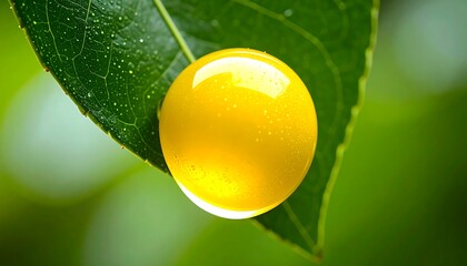 Vibrant Yellow Sphere of Light Resting on a Green Leaf, Macro Shot