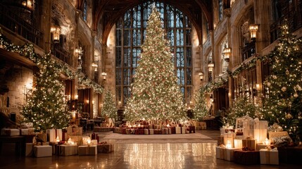 Elegant Christmas Hall with Decorated Trees and Gifts in Gothic Architecture