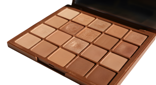 Beige-brown palette with matte textures, square-shaped, displayed on black surface. Perfect for product photography, cosmetics, and makeup tutorials.