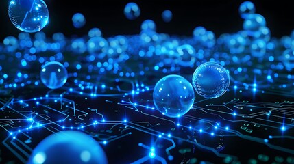 Floating blue particles arranged over a smart circuit network glowing with quantum field movement .