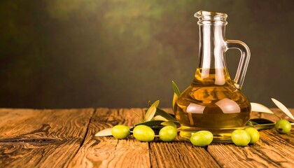 Golden Olive Oil in Glass Carafe with Fresh Olives on Rustic Wood