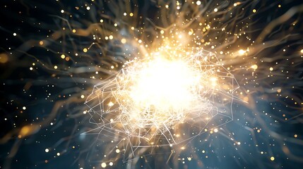 Floating electric web of quantum bits forming a bright explosion of light on a clean tech background .