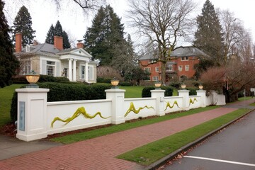 Residential street scene with sculpted wall art