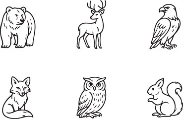 Animal icons bear horse bird cat owl and squirrel line art