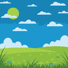 Obraz premium Pixel art landscape background of a sunny day with green hills and clouds. Retro 8-bit video game scenery concept illustration.