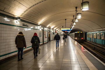People walking along an underground subway station platform with tiled walls and an arriving train in the background ideal for urban transportation, travel and city lifestyle concepts