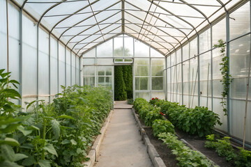 Interior view of a greenhouse with rows of growing plants and vegetables in raised beds leading to open glass doors perfect for agriculture, gardening and sustainable farming concepts