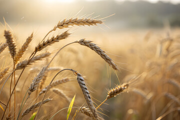 Golden wheat ears in sunny summer field with soft warm light and blurred background perfect for agriculture themes, organic food branding, rural lifestyle, and seasonal harvest design visuals