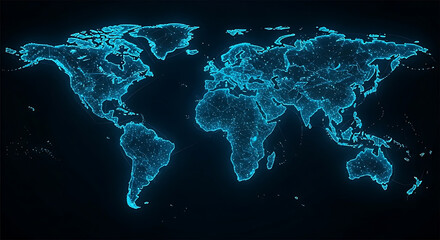 Glowing blue world map with digital network visualization showing global connections, data nodes, and technology communication pathways
