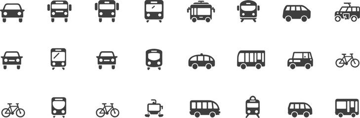 Public transportation and mobility icons set including cars, buses, trains, bikes, vans, and scooters in solid glyph style