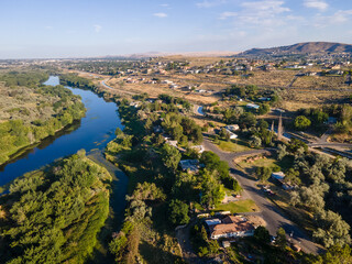 Aerial landscape of Yakima River Valley nature during summer in Kennewick Richland Washington