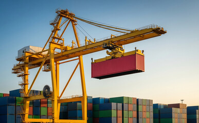 Shipping Port Crane Lifting Container With Background Of Stacked Cargo
