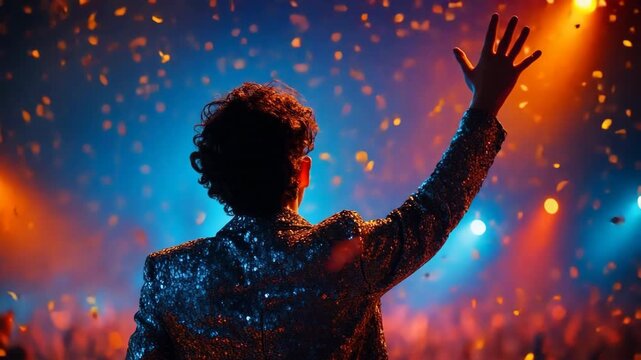 Male performer in a sparkling jacket raises hand to audience, surrounded by colorful lights and confetti, creating an energetic atmosphere of celebration and entertainment