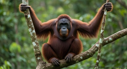 Fototapeta premium Wild orangutan sitting on tree branch