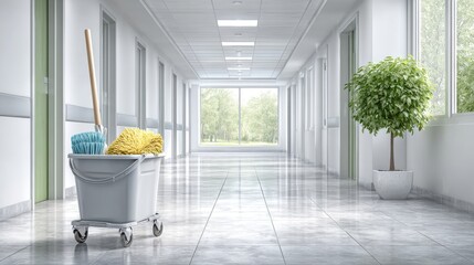 Bright Institutional Hallway with Cleaning Cart and Natural Light