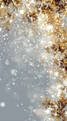 Golden glitter, bokeh, leaves, gray background