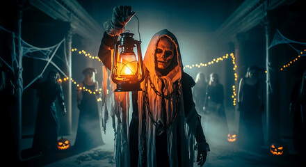 Spooky halloween figure holding lantern in dark setting