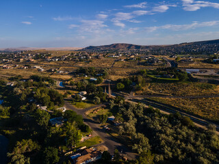 Aerial landscape of Yakima River Valley nature during summer in Kennewick Richland Washington