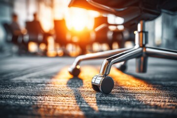 Close-up of an office chair's base in a sunlit meeting room, highlighting modern design.