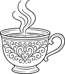 Ornate tea cup with steam decorative line drawing