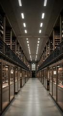 Obraz premium Library: A timeless library with rows of meticulously arranged books on shelves, illuminated by soft lighting, creating a serene atmosphere of knowledge and intellectual pursuit.