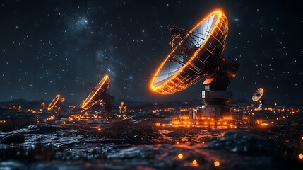 A mesmerizing array of glowing radio telescopes under a star-filled night sky captures the essence of cutting-edge space exploration and cosmic discovery.