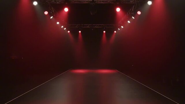 opening curtain - A dramatic fashion runway illuminated by red stage lights, showcasing a sleek black floor, set against a dark backdrop, perfect for fashion events or performances