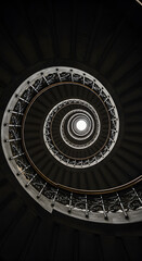 Fototapeta premium Spiral Staircase: A mesmerizing spiral staircase ascends towards a light source, revealing an architectural marvel of symmetry and pattern in a captivating architectural photograph.