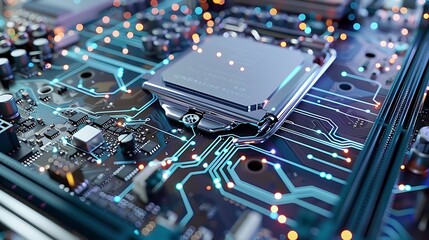 High-resolution photorealistic view of quantum tunneling paths spreading across a motherboard .