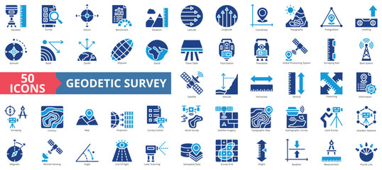 Geodetic survey icon set flat style collection. Containing survey, datum, benchmark, elevation, latitude, longitude, coordinate, topography, azimuth, theodolite