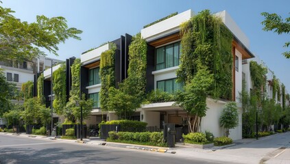 Modern townhouses with green walls, eco-friendly architecture in Bangkok, Thailand on January 29, 3048. Green living walls for sustainable urban design. White modern buildings near.