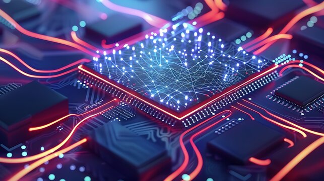 Hyper-detailed vector-style quantum chip with fractal electric patterns flowing in circular waves .