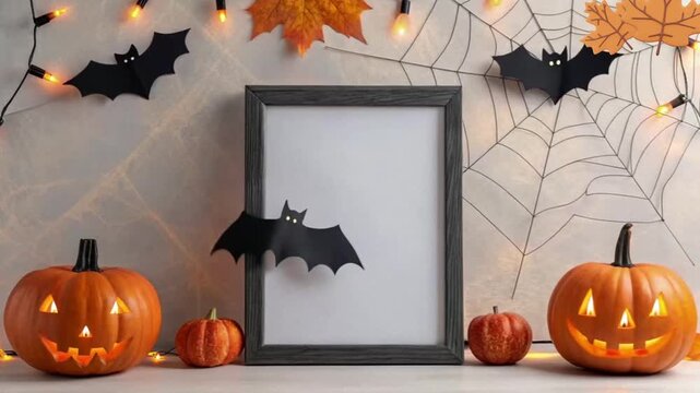 mock up picture frame design with pumpkins decoration for Halloween with autumn and bats decorations celebrating the fall season