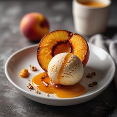Grilled peach dessert with a colorful scoop of ice cream on a white plate, photographed in bright natural sunlight. Minimalist summer plating, fresh seasonal treat, modern healthy food photography