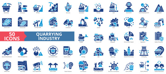 Quarrying industry icon set flat style collection. Containing extraction, mining, quarry, minerals, excavation, blasting, drill, quarryman, equipment, aggregate