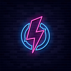Neon Lightning Bolt in a Circle Electric Energy Symbol