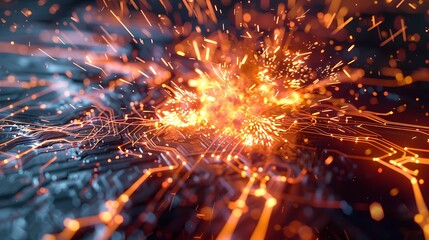 Quantum circuit explosion frozen mid-action with light shards and pulse waves on a glowing surface .