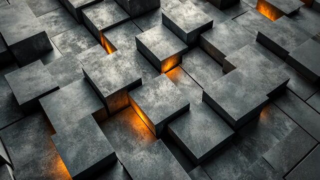 Abstract geometric pattern of illuminated concrete blocks creating a modern architectural design