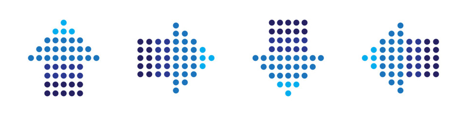 Dot arrows blue icon set. Arrow symbol. Direction, cursor, pointer sign. Decorative arrows. Modern design elements for apps, interface, business and project. Flat design. Vector illustration.