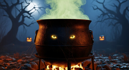 Halloween scene with cauldron, glowing eyes, and jack-o'-lanterns