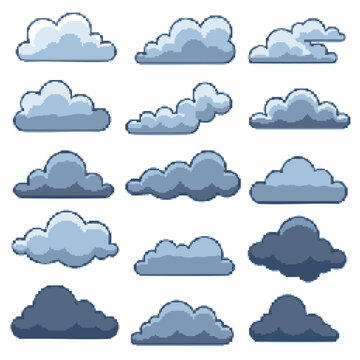 Pixel art cloud collection. Set of blue 8-bit sky weather icons for retro video game design. fard (164) style elements.